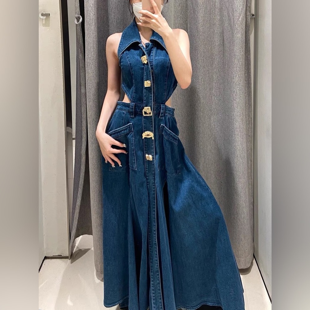 Denim and gold maxi dress